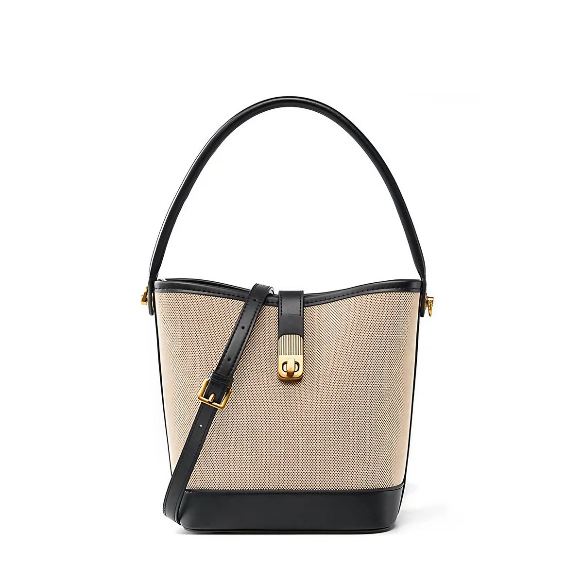 Petit sac seau femme en toile et similicuir, loquet doré, noir
