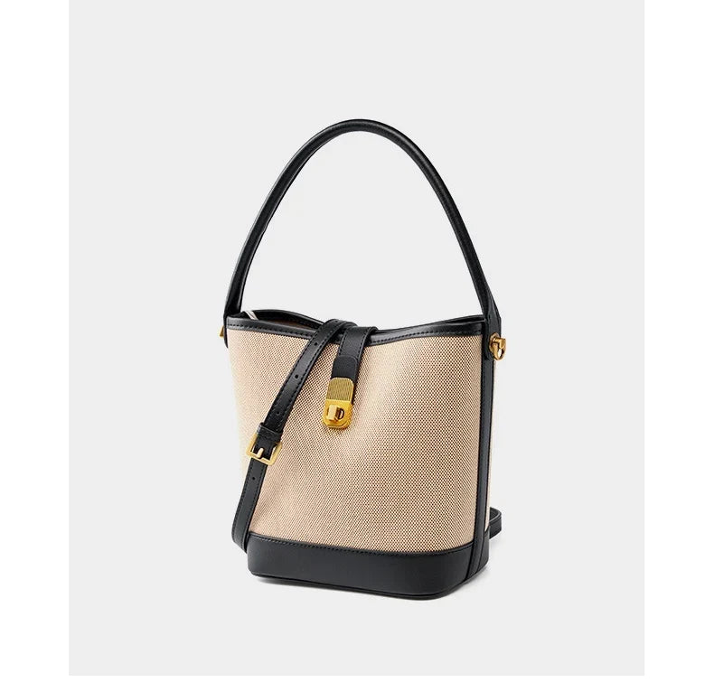 Petit sac seau femme en toile et similicuir, loquet doré