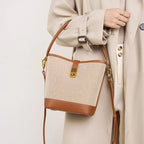 Petit sac seau femme en toile et similicuir, loquet doré