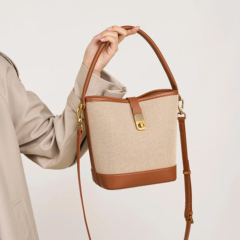 Petit sac seau femme en toile et similicuir, loquet doré