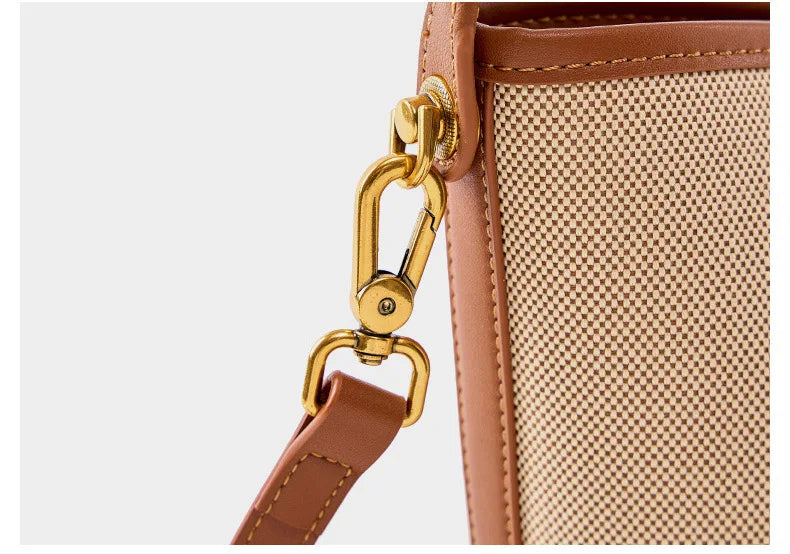 Petit sac seau femme en toile et similicuir, loquet doré