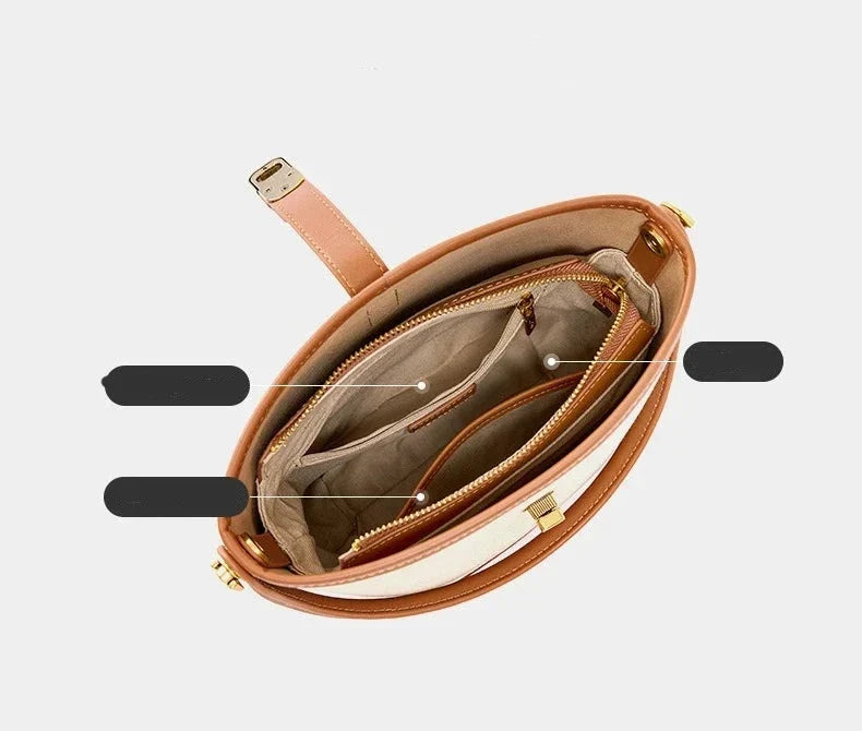 Petit sac seau femme en toile et similicuir, loquet doré