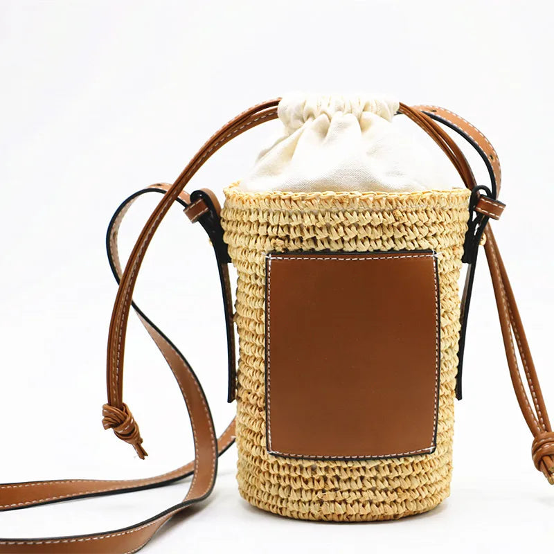 Sac seau femme beige à cordon de serrage, bandoulière réglable