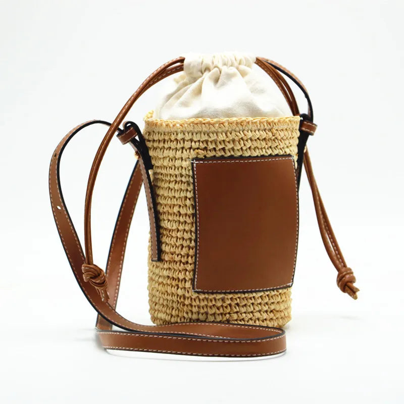 Sac seau femme beige à cordon de serrage, bandoulière réglable