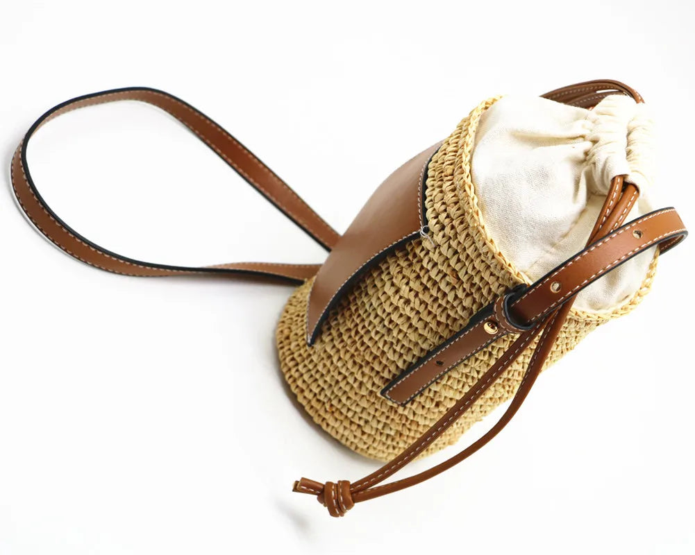 Sac seau femme beige à cordon de serrage, bandoulière réglable