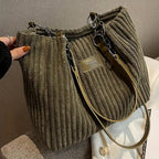 Sac shopper femme en velours côtelé, zippé, bandoulière amovible, vert