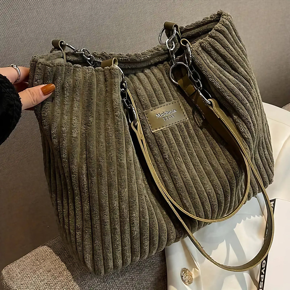 Sac shopper femme en velours côtelé, zippé, bandoulière amovible, vert