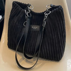 Sac shopper femme en velours côtelé, zippé, bandoulière amovible, noir