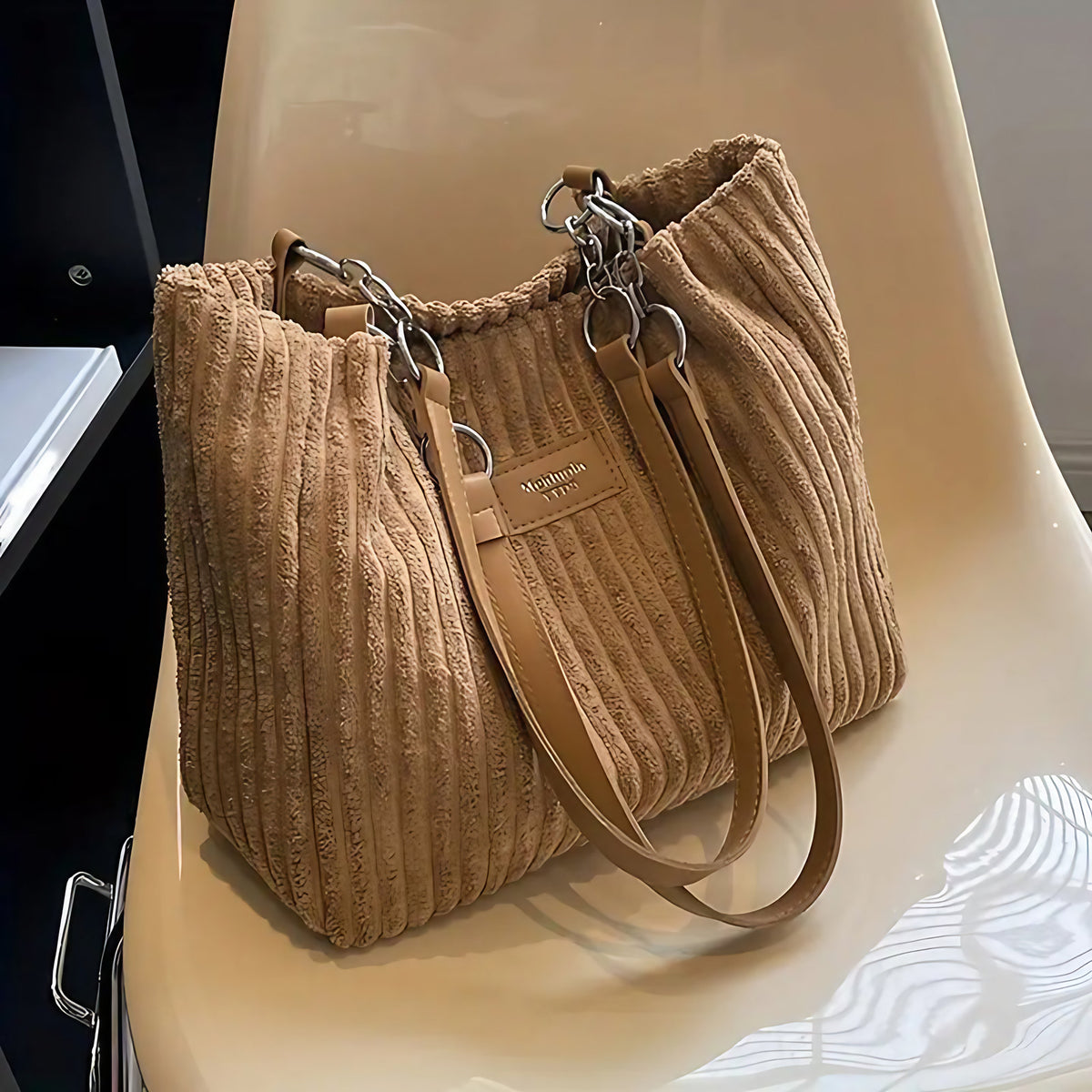 Sac shopper femme en velours côtelé, zippé, bandoulière amovible, marron
