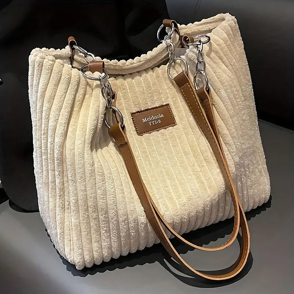 Sac shopper femme en velours côtelé, zippé, bandoulière amovible, beige