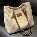 Sac shopper femme en velours côtelé, zippé, bandoulière amovible, beige