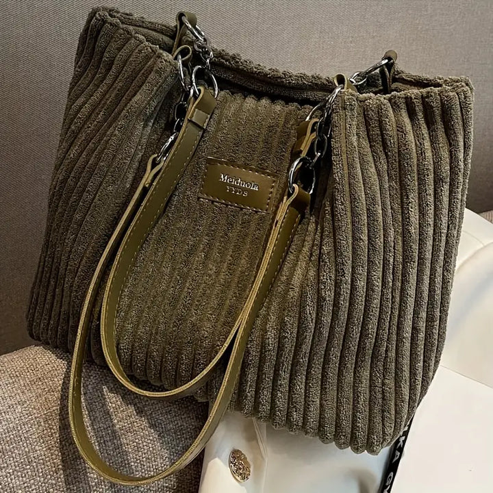 Sac shopper femme en velours côtelé, zippé, bandoulière amovible