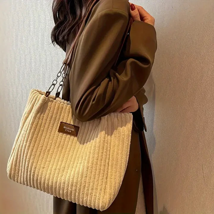 Sac shopper femme en velours côtelé, zippé, bandoulière amovible