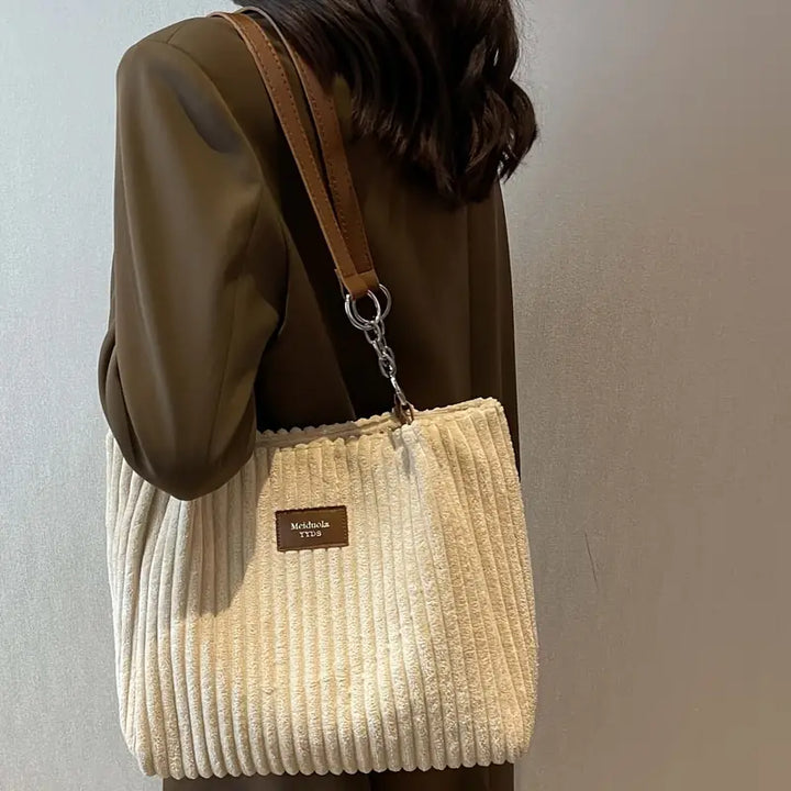 Sac shopper femme en velours côtelé, zippé, bandoulière amovible