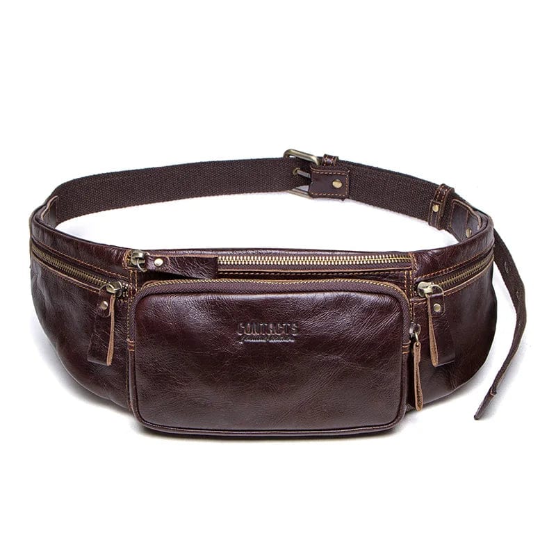 Sacoche banane homme en cuir forme coussin, café ou noir, café