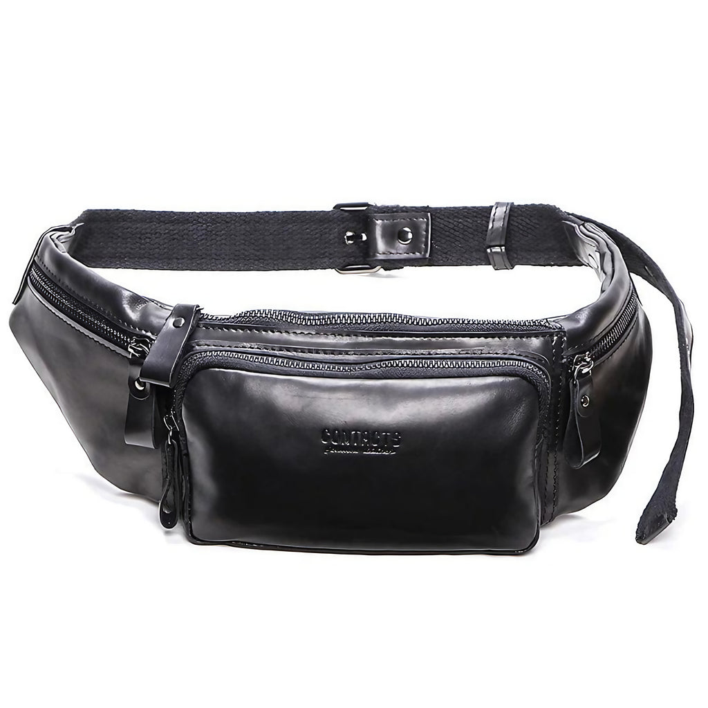 Sacoche banane homme en cuir forme coussin, café ou noir, noir