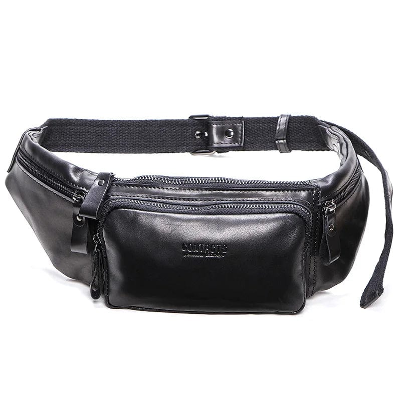 Sacoche banane homme en cuir forme coussin, café ou noir, noir