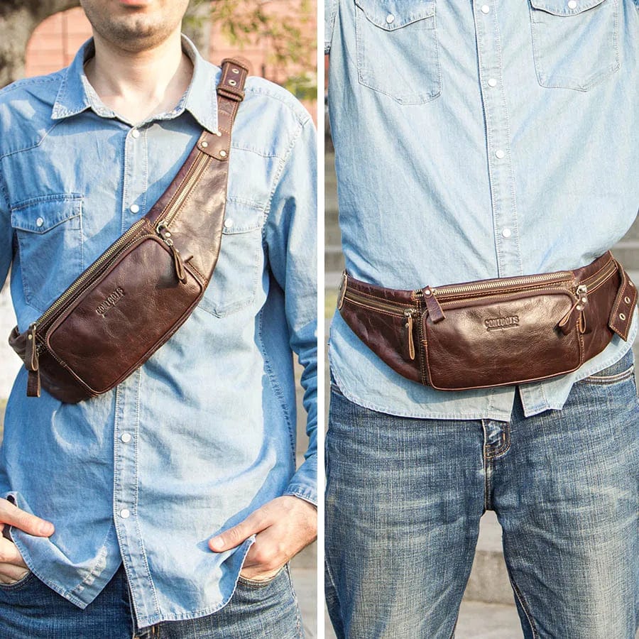 Sacoche banane homme en cuir forme coussin, café ou noir