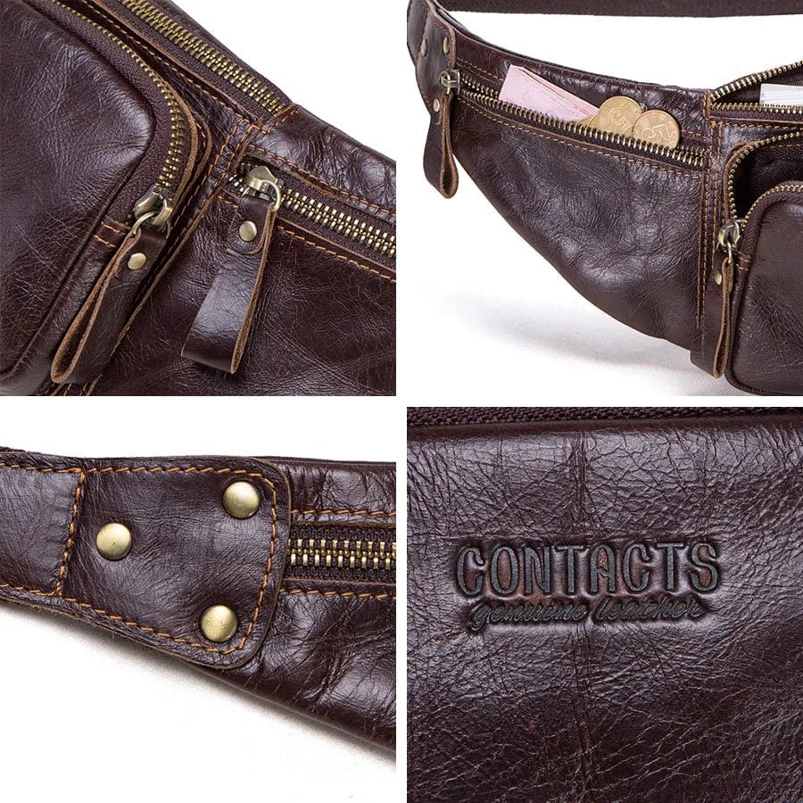 Sacoche banane homme en cuir forme coussin, café ou noir