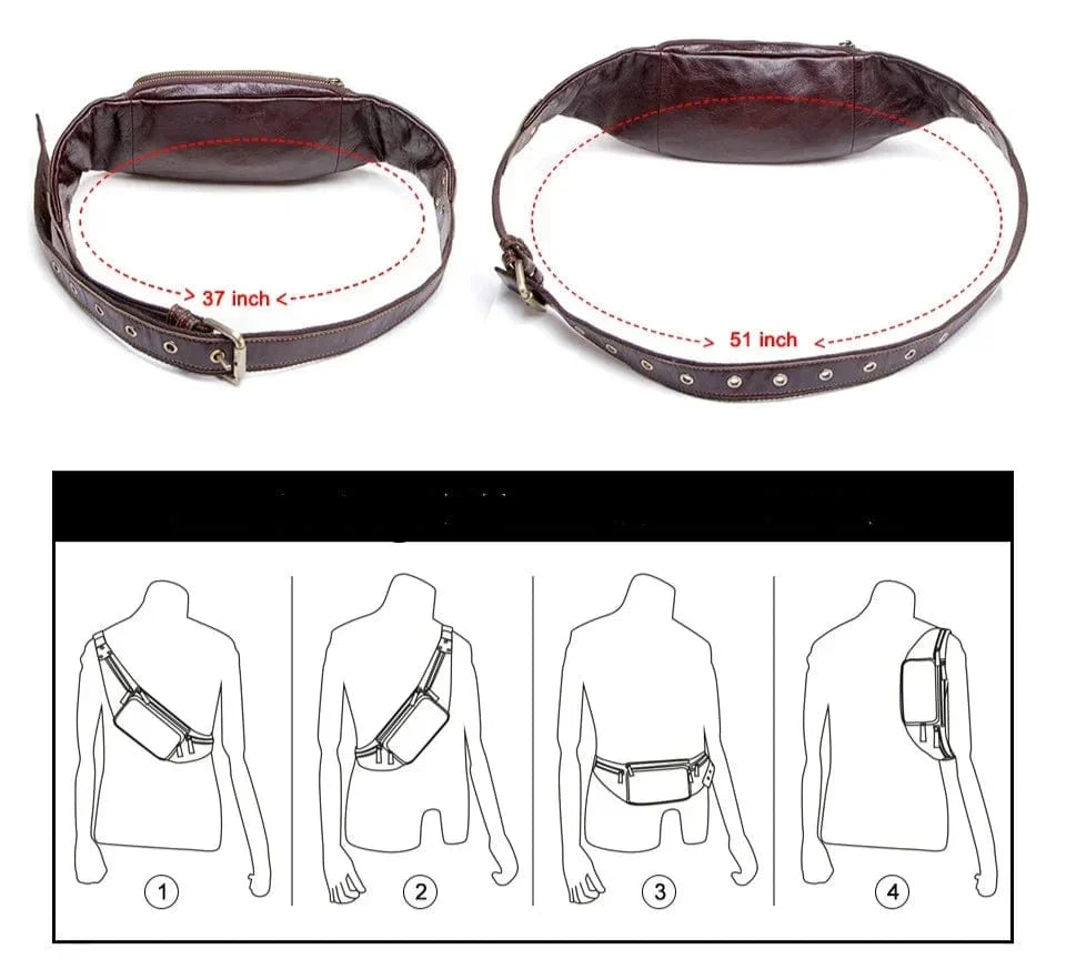Sacoche banane homme en cuir forme coussin, café ou noir