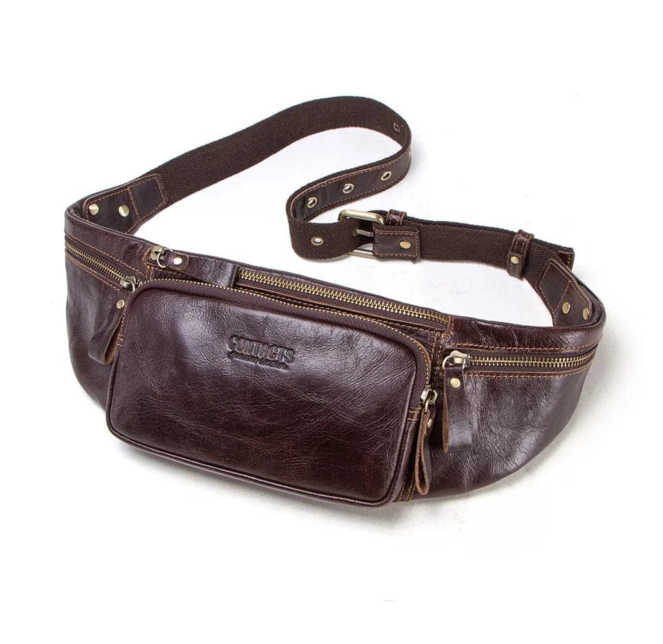 Sacoche banane homme en cuir forme coussin, café ou noir