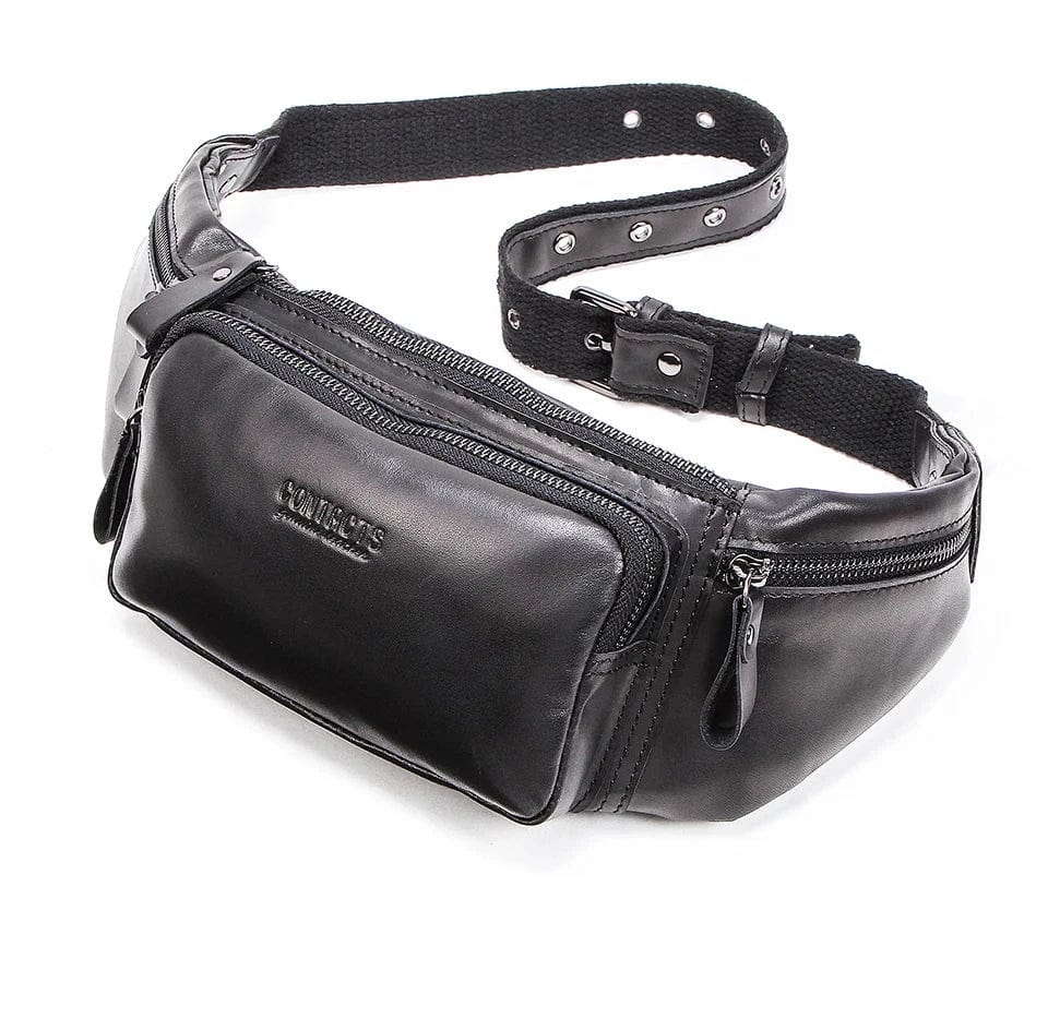 Sacoche banane homme en cuir forme coussin, café ou noir