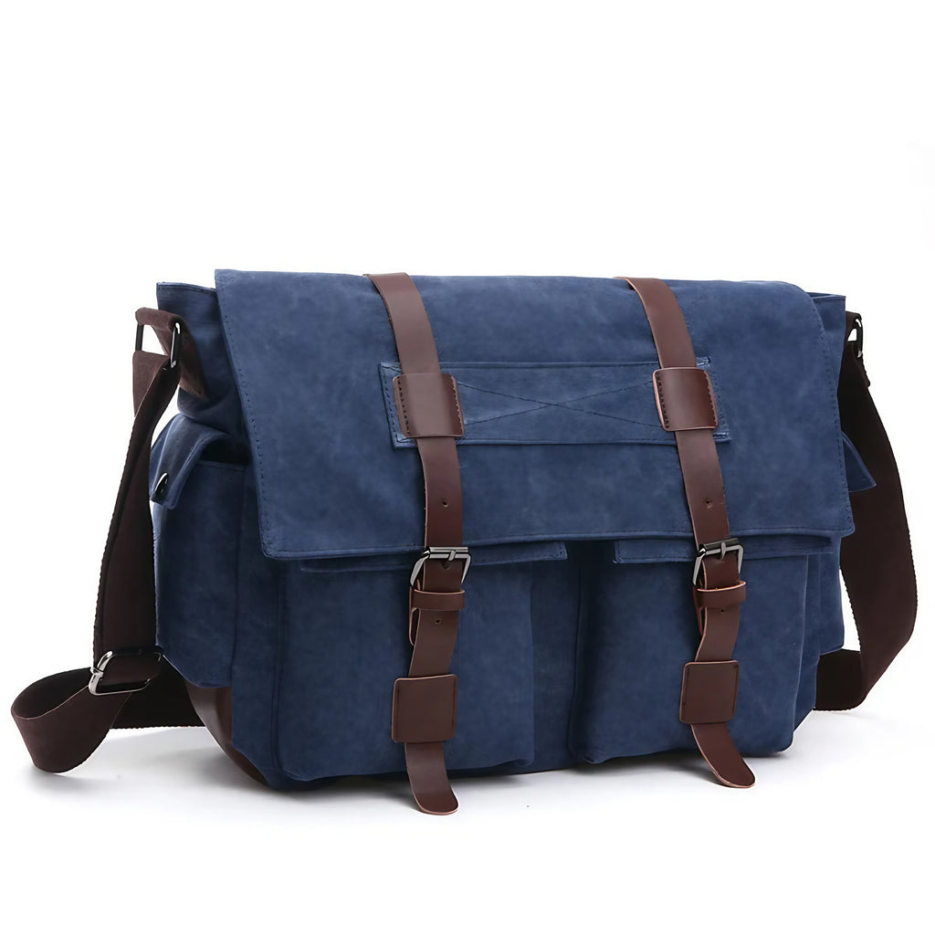 Sacoche homme vintage en toile, rabats à boucles, cinq coloris, bleu