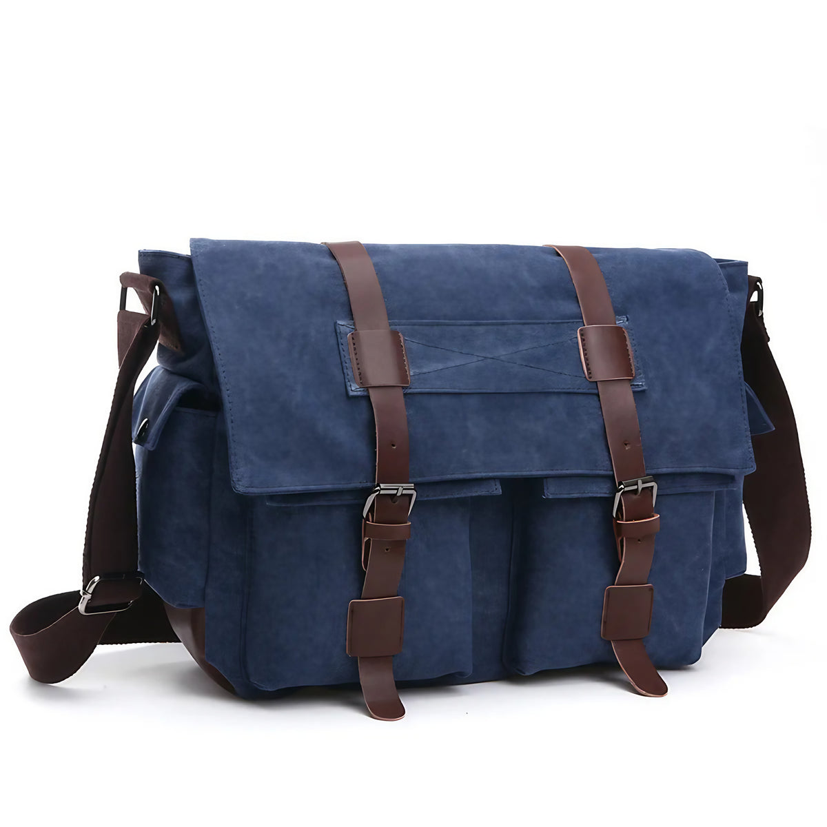 Sacoche homme vintage en toile, rabats à boucles, cinq coloris, bleu