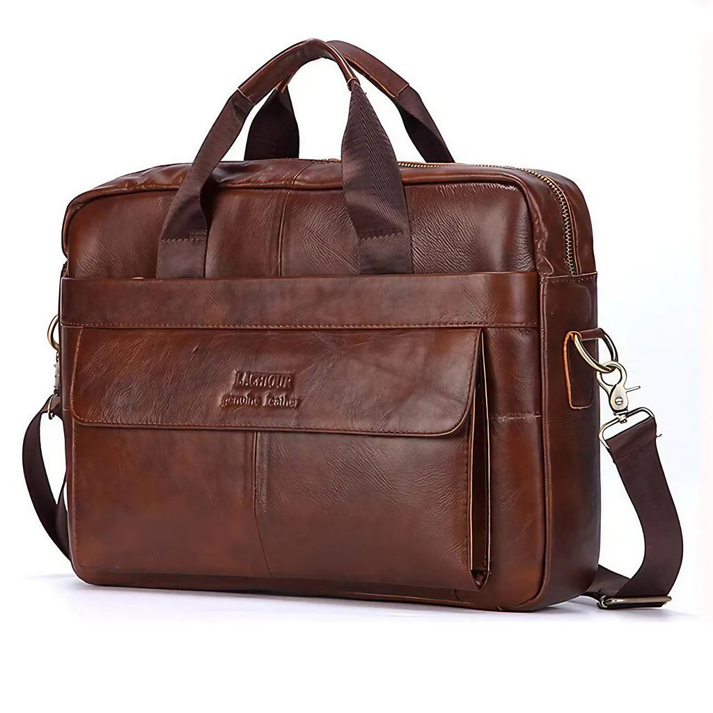 Sacoche professionnelle homme en cuir, compartiment ordinateur, marron