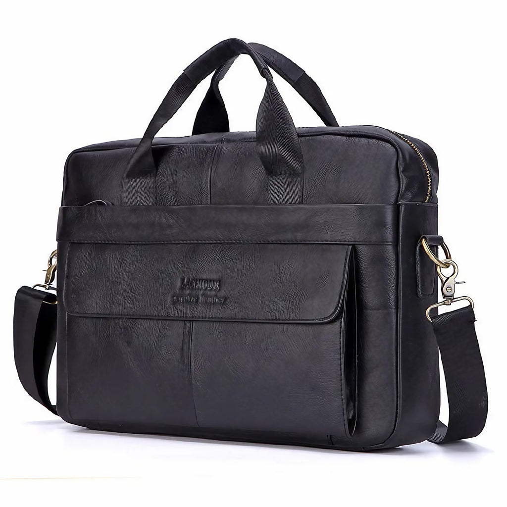 Sacoche professionnelle homme en cuir, compartiment ordinateur, noir