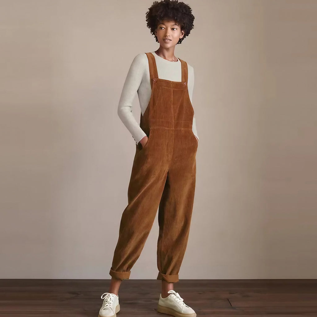Salopette femme en velours côtelé, coupe oversize, bretelles réglables, marron