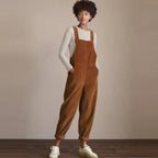 Salopette femme en velours côtelé, coupe oversize, bretelles réglables, marron