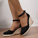 Espadrilles compensées femme, bout fermé, bride cheville à boucle, noir