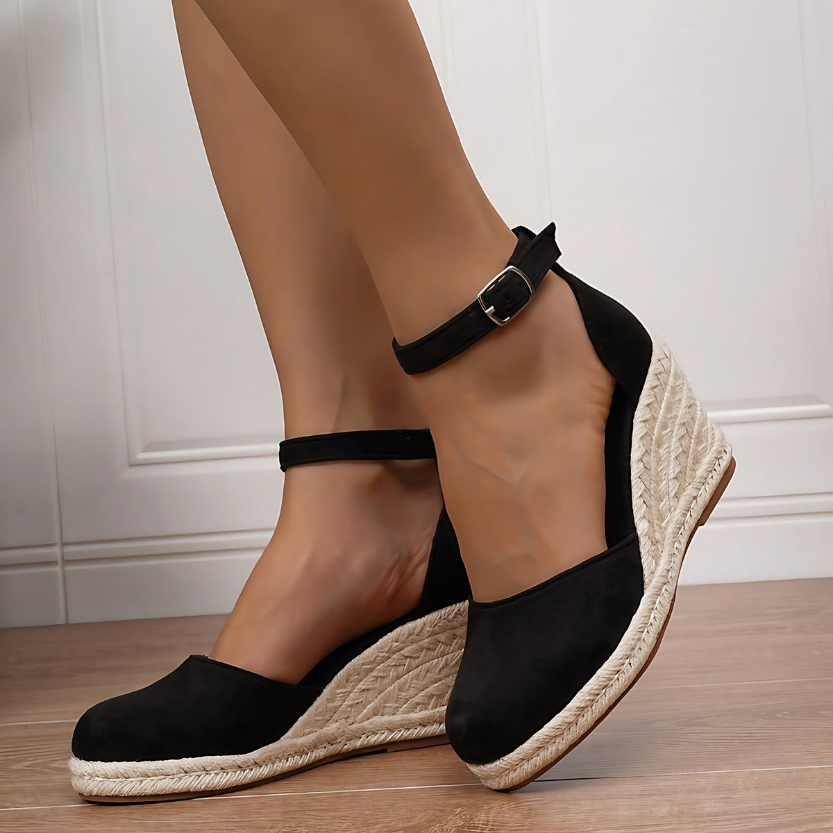 Espadrilles compensées femme, bout fermé, bride cheville à boucle, noir