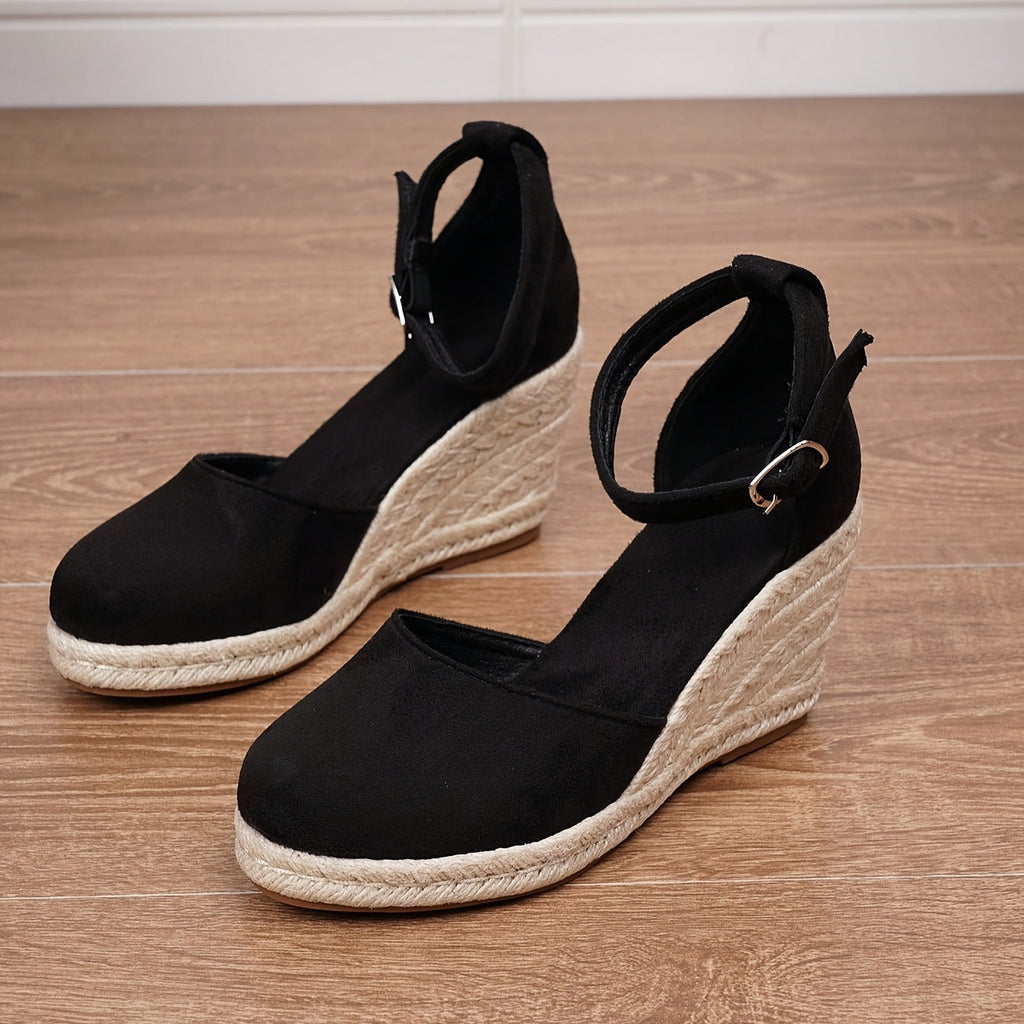 Espadrilles compensées femme, bout fermé, bride cheville à boucle