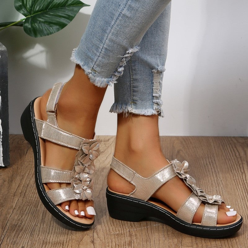 Sandales orthopédiques compensées femme, ouvertes, six coloris, doré