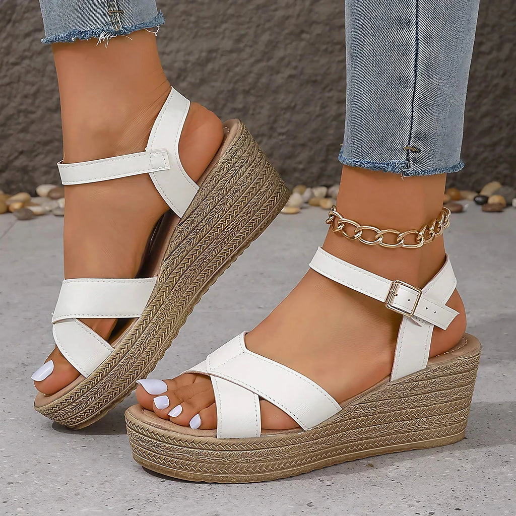 Sandales compensées femme à brides croisées et boucle, 36 à 41, blanc