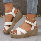 Sandales compensées femme à brides croisées et boucle, 36 à 41, blanc