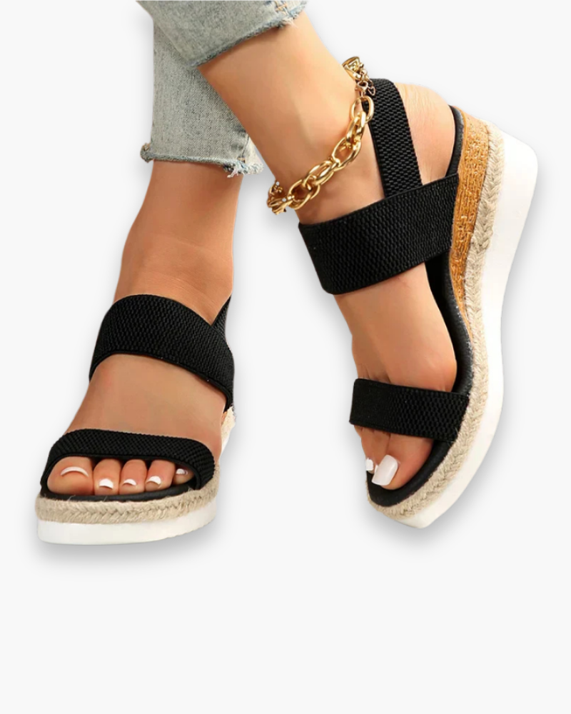Sandales compensées femme à bride, cinq coloris, du 36 au 43, noir