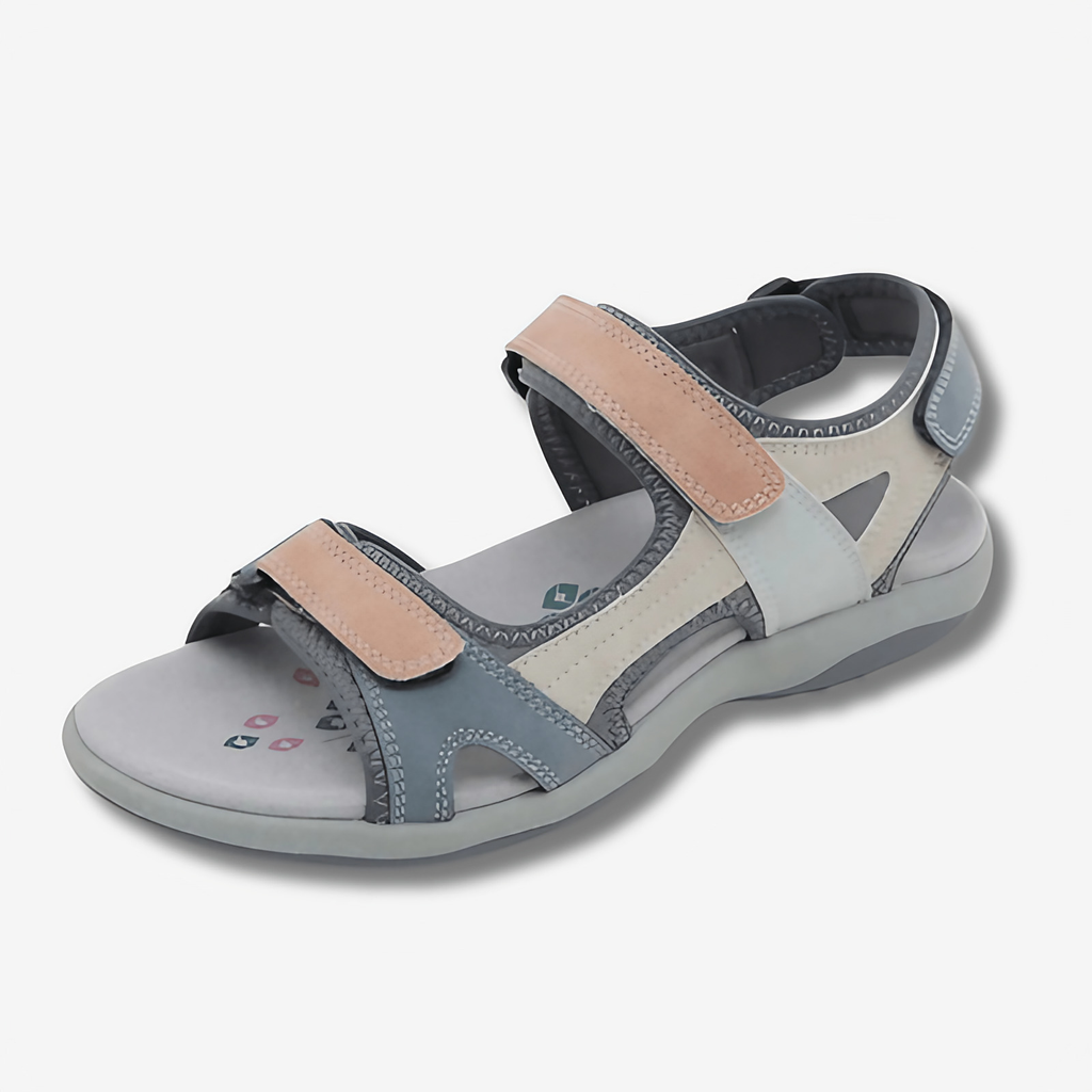 Sandales confort femme à scratch, semelle antidérapante, gris et orange