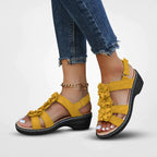 Sandales femme à plateforme et scratch, détails fleuris, jaune