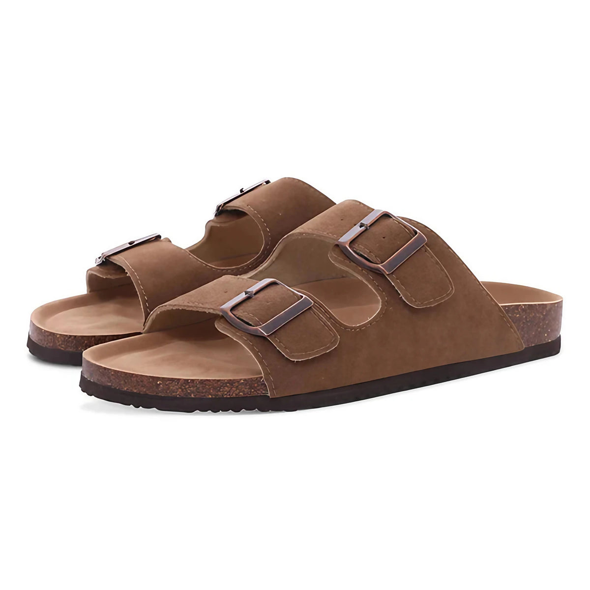 Sandales mixtes à double boucle, semelle avec maintien de la voûte, marron