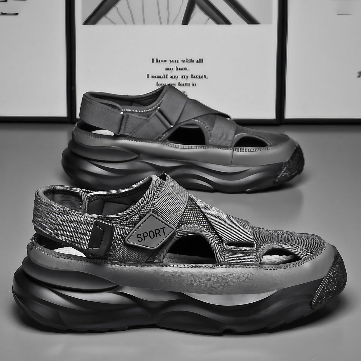 Sandales de sport homme à scratch, semelle épaisse, gris