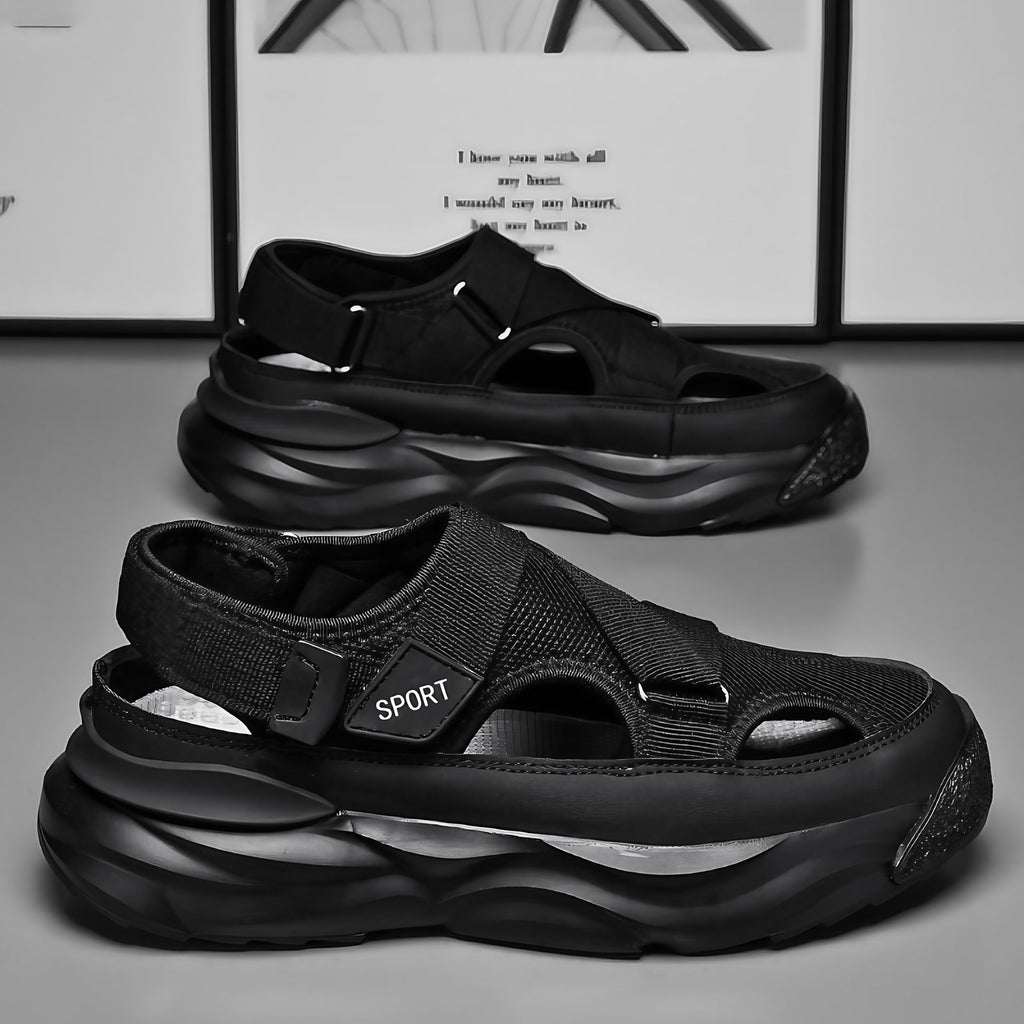 Sandales de sport homme à scratch, semelle épaisse, noir