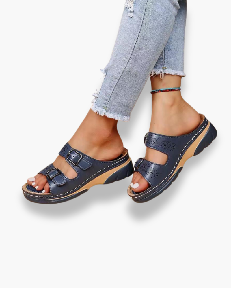 Sandales confortables femme à fermeture ajustable, quatre coloris, bleu foncé