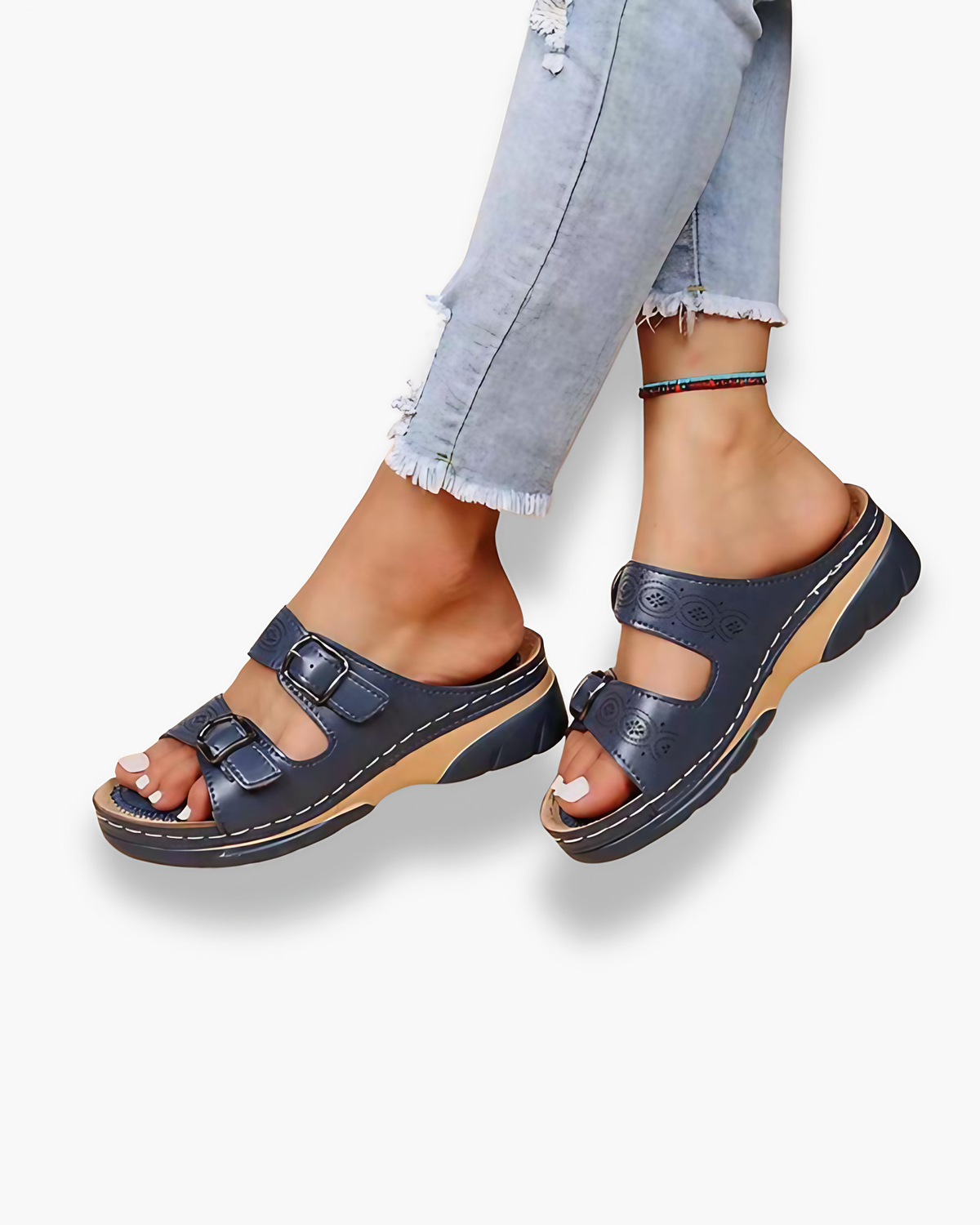 Sandales confortables femme à fermeture ajustable, quatre coloris, bleu foncé
