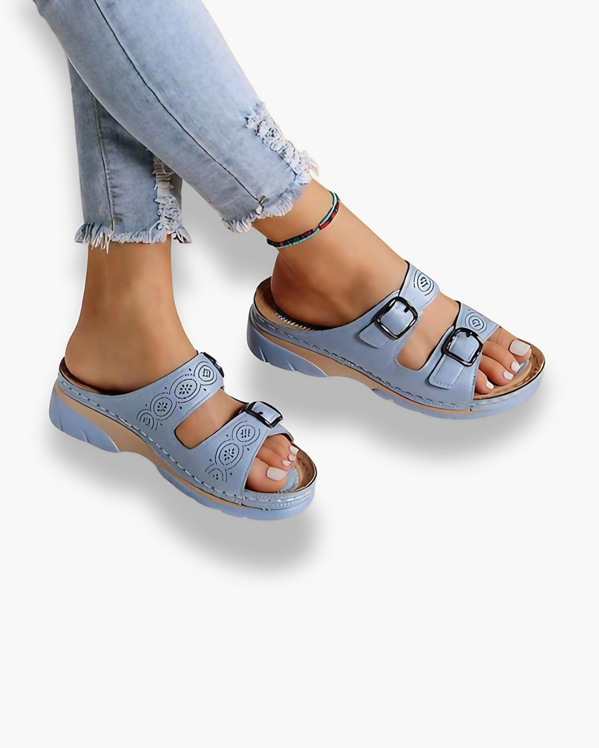 Sandales confortables femme à fermeture ajustable, quatre coloris, bleu clair