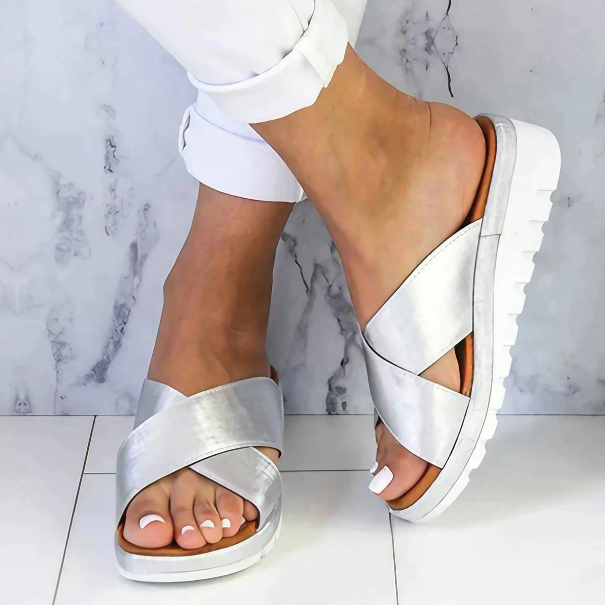 Sandales orthopédiques femme, semelle épaisse à mémoire de forme, argenté
