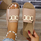 Sandales femme à bout ouvert, boucle dorée en métal, rose