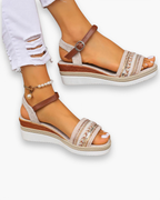 Sandales femme beige à bride cheville réglable, pour l'été, beige